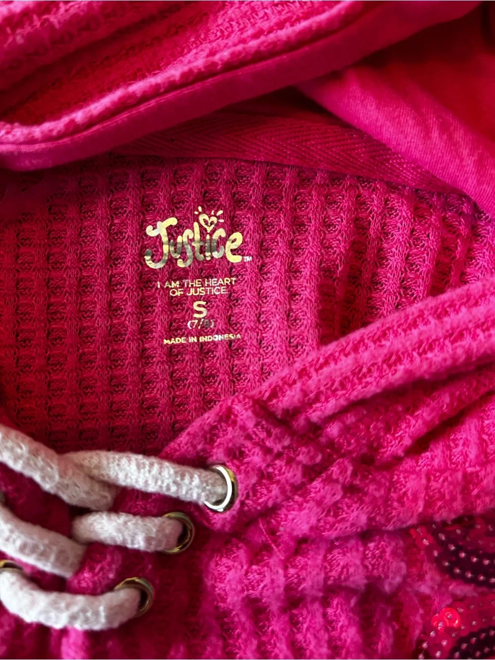 Justice Pink Waffle-Knit Hooded Pullover with Sequin Logo